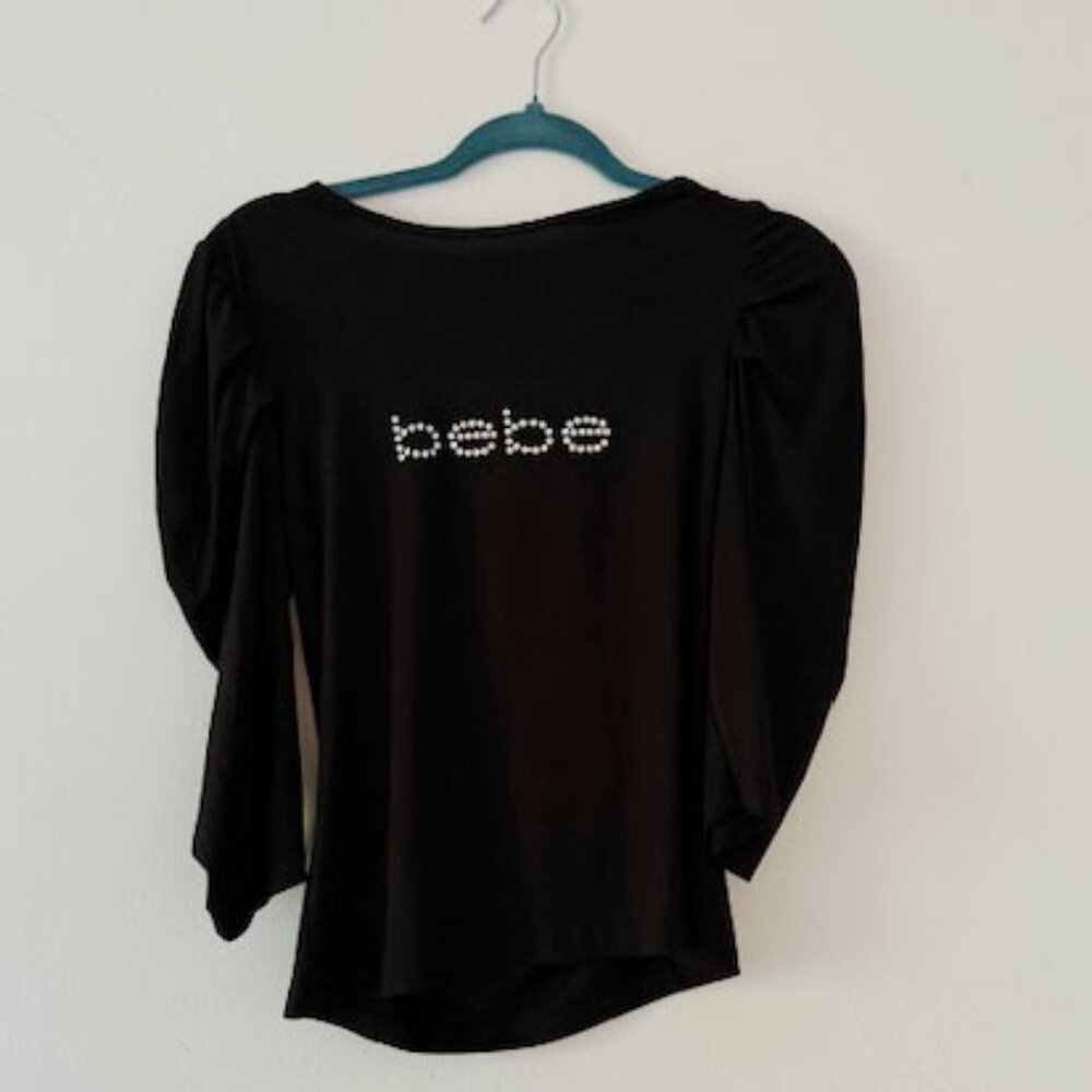 Bebe black jersey 3/4 sleeve top with BeBe rhinestones—Junior SZ Medium - Picture 1 of 5